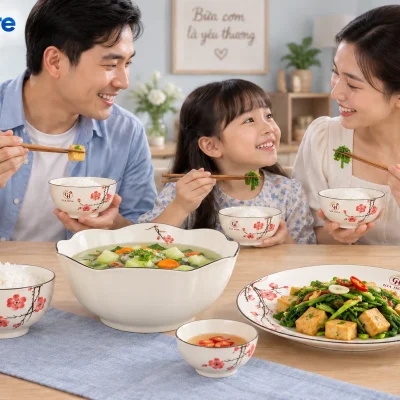 Mô phỏng một phần bộ bát đĩa hoa đỏ trong bữa cơm gia đình