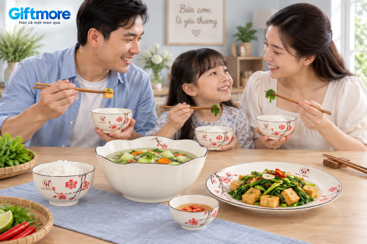 Mô phỏng một phần bộ bát đĩa hoa đỏ trong bữa cơm gia đình