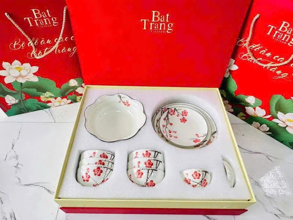 Tư liệu bộ bát đĩa hoa đỏ trong hộp chèn trắng, phía sau có túi và hộp mẫu
