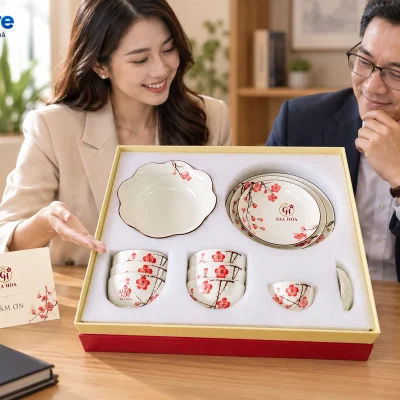 Mô phỏng mở hộp bộ bát đĩa hoa đỏ trong dịp trao quà tri ân