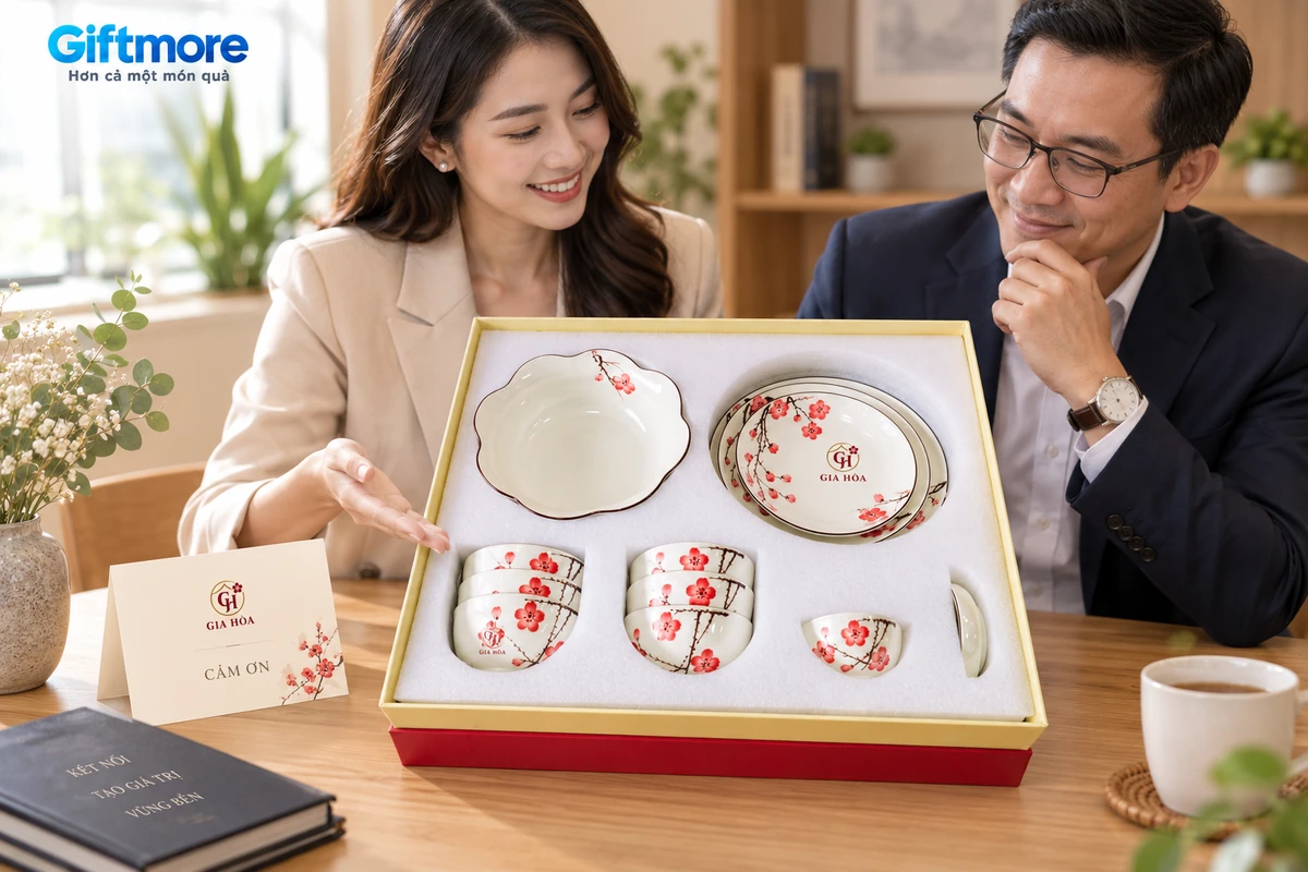 Mô phỏng mở hộp bộ bát đĩa hoa đỏ trong dịp trao quà tri ân