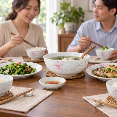 Bộ bát đĩa Trung Kiên hoa hồng nét mảnh 12 món – hình dung quà được dùng trong bữa cơm