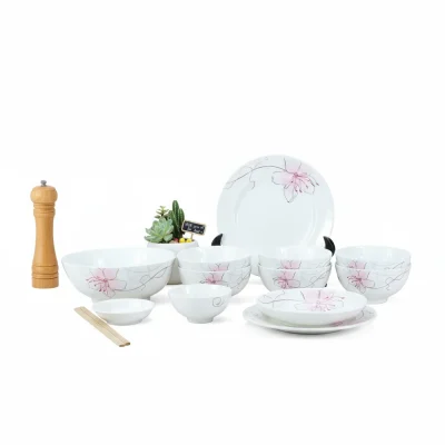 Bộ bát đĩa Trung Kiên hoa hồng nét mảnh 12 món – nhìn cấu hình và hoa văn gốc