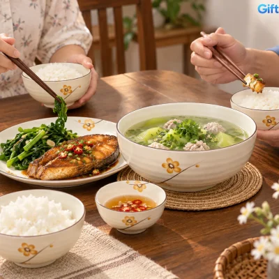 Bộ bát đĩa men kem hoa vàng 10 món in logo – hình dung dùng bộ quà trong bữa trưa