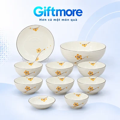 Bộ bát đĩa men kem hoa vàng 10 món in logo – nhìn đầy đủ cấu hình 10 món