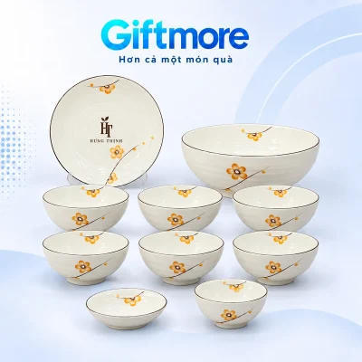 Bộ bát đĩa men kem hoa vàng 10 món in logo – xem tỷ lệ nhận diện trên đĩa