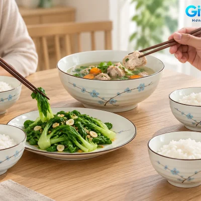 Bộ bát đĩa men kem hoa xanh 8 món in logo – hình dung bày bữa cơm gia đình