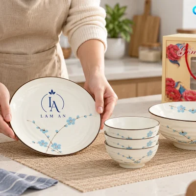 Bộ bát đĩa men kem hoa xanh 8 món in logo – hình dung mở và sắp bộ quà tại nhà
