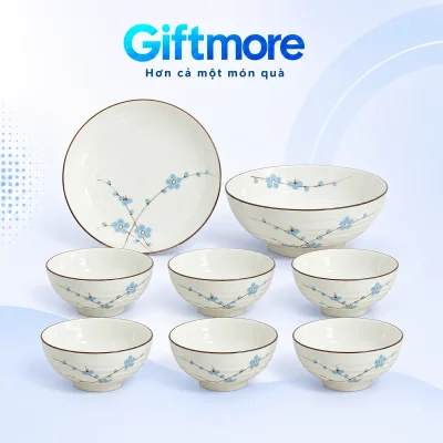 Bộ bát đĩa men kem hoa xanh 8 món in logo – nhìn đủ 8 món trên nền giftmore