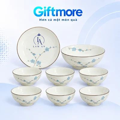 Bộ bát đĩa men kem hoa xanh 8 món in logo – chọn vị trí nhận diện trên đĩa