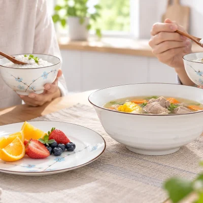 Bộ bát đĩa men kem hoa xanh 9 món in logo – hình dung dùng quà trong bữa sáng