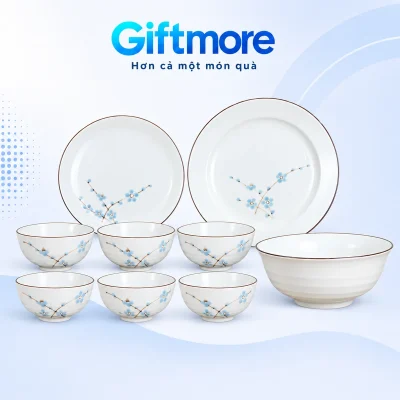 Bộ bát đĩa men kem hoa xanh 9 món in logo – nhìn đủ 9 món và màu men