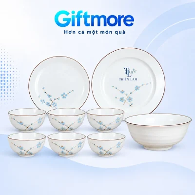 Bộ bát đĩa men kem hoa xanh 9 món in logo – chọn tỷ lệ logo trên đĩa
