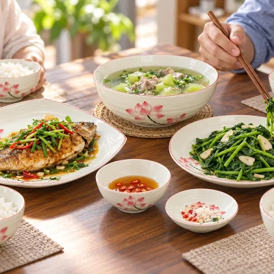 Bộ bát đĩa men kem sen hồng 11 món in logo – hình dung bày nhiều món trong bữa cơm