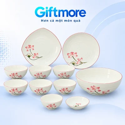 Bộ bát đĩa men kem sen hồng 11 món in logo – kiểm đủ 11 món và hai dáng đĩa