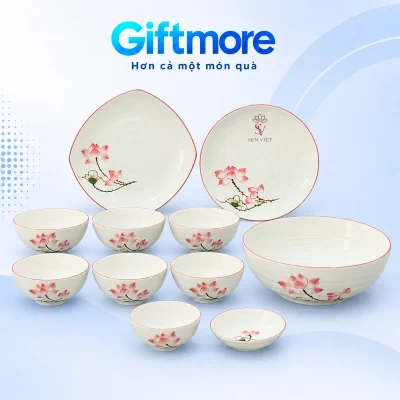 Bộ bát đĩa men kem sen hồng 11 món in logo – xem nhận diện in trên đĩa