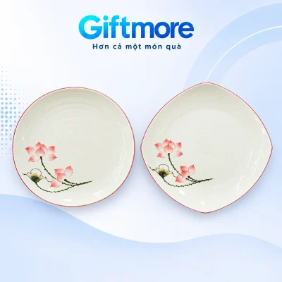 Bộ bát đĩa men kem sen hồng 11 món in logo – nhìn rõ đĩa tròn và đĩa dáng cách điệu