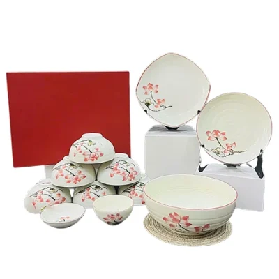 Bộ bát đĩa men kem sen hồng 11 món in logo – đối chiếu phôi sen hồng