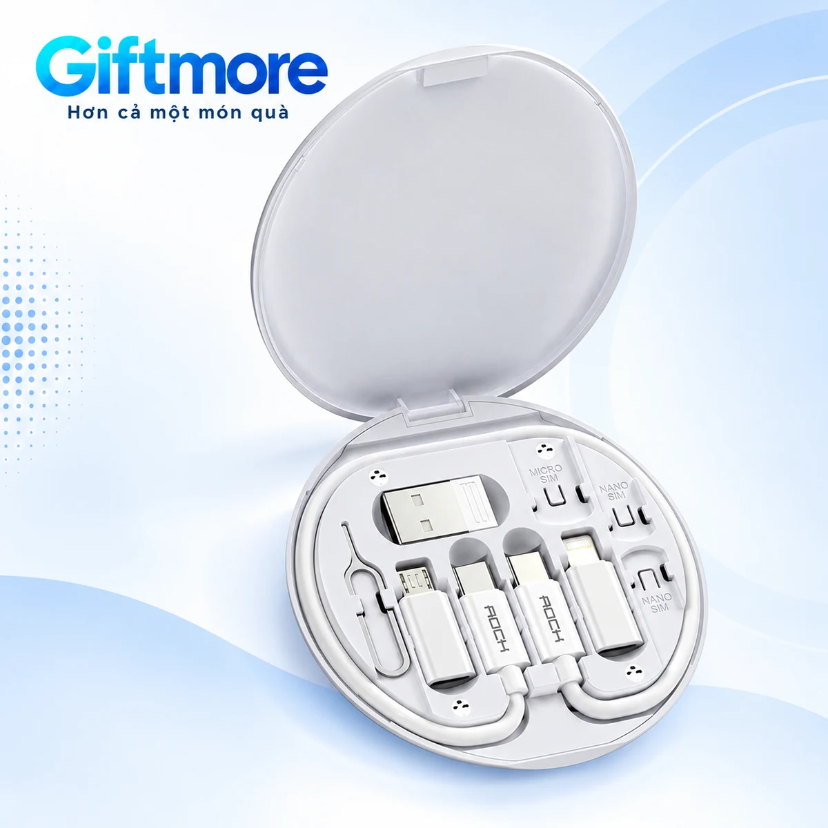 Bộ cáp bốn đầu trắng trong hộp tròn mở nắp trên nền GiftMore