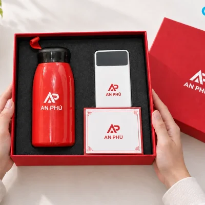 Mô phỏng hai tay đỡ hộp mở với bình đỏ, sạc Sendem P700 và thiệp demo AP AN PHÚ