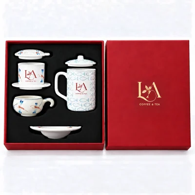 Tư liệu catalogue phin sứ chuồn chuồn, cốc cá có nắp và hộp đỏ lót đen
