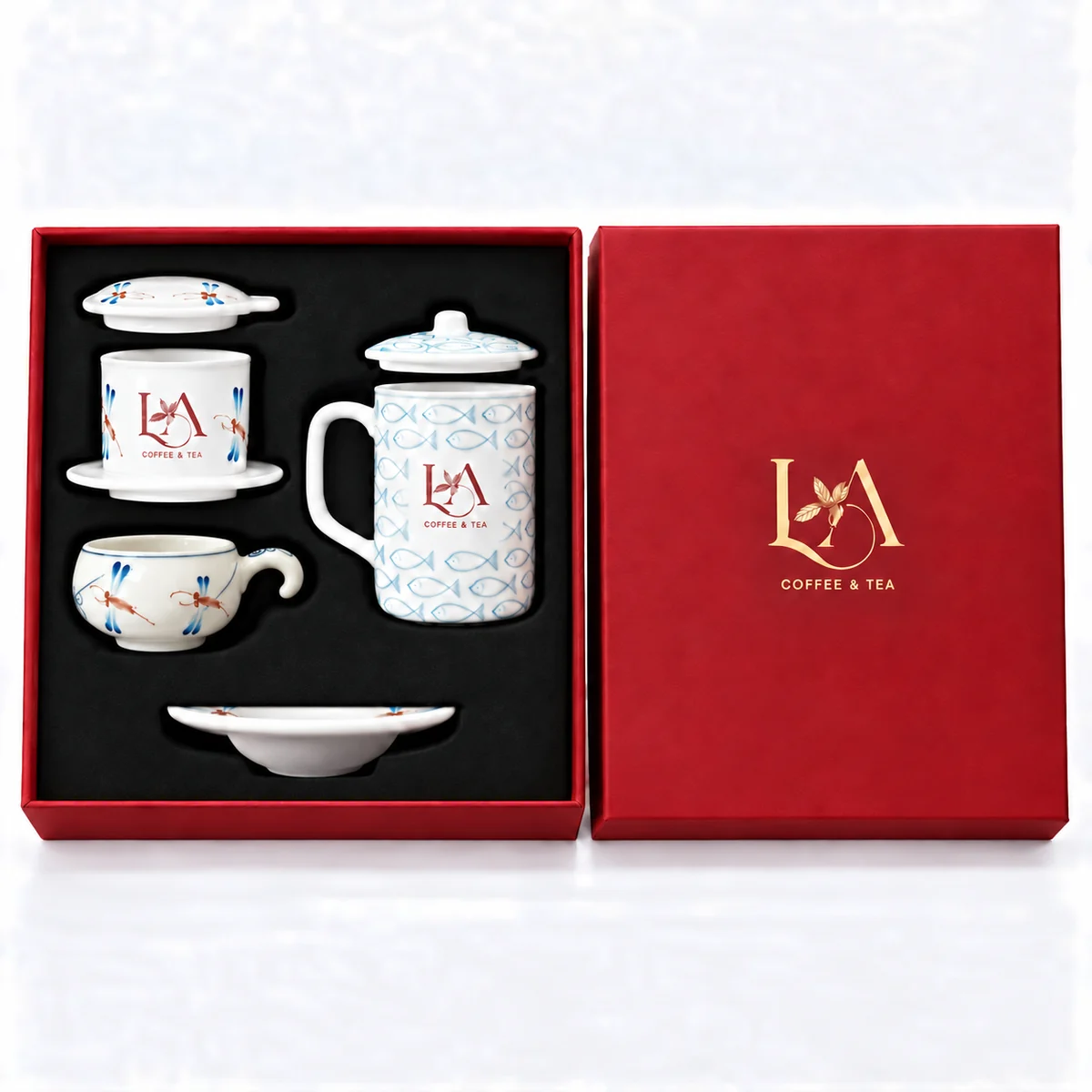 Tư liệu catalogue phin sứ chuồn chuồn, cốc cá có nắp và hộp đỏ lót đen