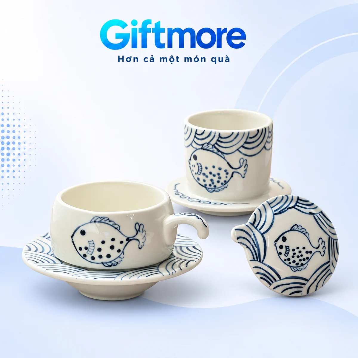 Bộ phin sứ cốc thấp cá tròn bày rời trên nền GiftMore