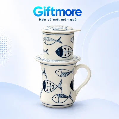 Bộ phin sứ dáng cao cá xanh trên nền GiftMore