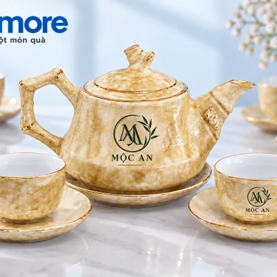 Mô phỏng nhận diện demo MỘC AN trên bộ trà Trúc vân đá kem nâu