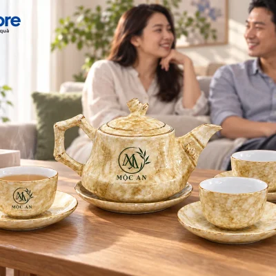 Mô phỏng bộ trà Trúc vân đá tại góc uống trà gia đình với nhận diện demo MỘC AN