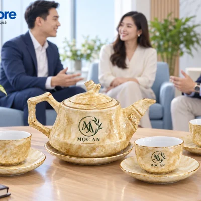 Mô phỏng bộ trà Trúc vân đá trên bàn tiếp khách trong không gian làm việc