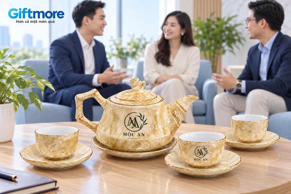 Mô phỏng bộ trà Trúc vân đá trên bàn tiếp khách trong không gian làm việc