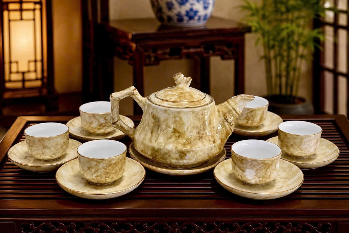 Tư liệu bộ trà Trúc vân đá kem nâu trơn với sáu chén, đĩa chén và đĩa kê ấm