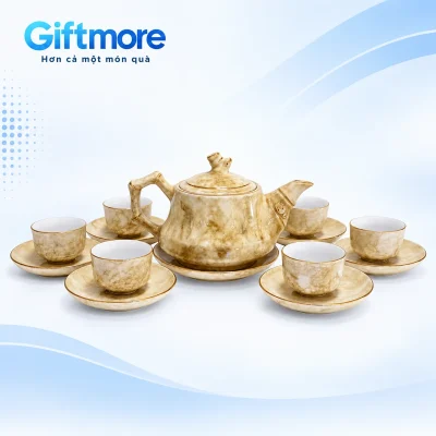 Bộ trà Trúc vân đá men kem nâu, một ấm và sáu chén đĩa trên nền GiftMore