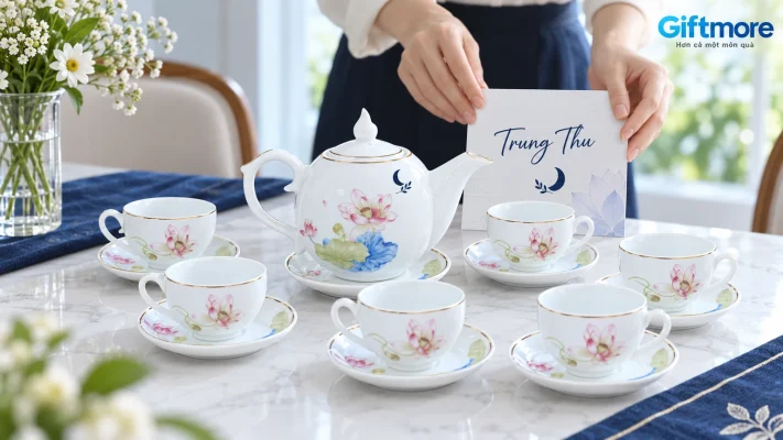 Bộ trà hoa sen có sáu chén riêng cạnh thiệp Trung Thu
