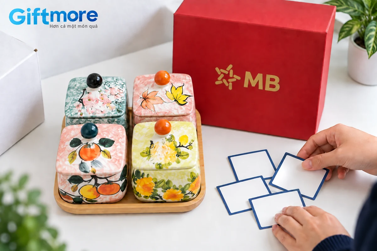 Bốn hũ vuông họa tiết khác nhau trên khay bên giấy ghi thành phần