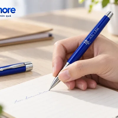 Mô phỏng dùng bút xanh logo HẢI LÂM ghi chú vào sổ, nắp có cài hình lá đặt trên bàn