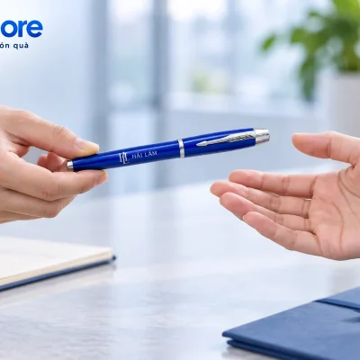 Mô phỏng trao một bút ký xanh viền bạc cài hình lá với logo demo HẢI LÂM