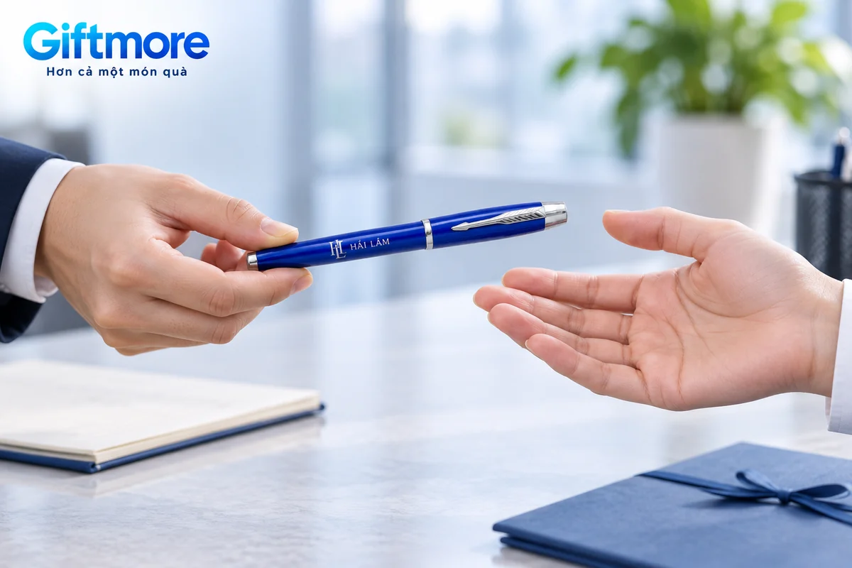Mô phỏng trao một bút ký xanh viền bạc cài hình lá với logo demo HẢI LÂM