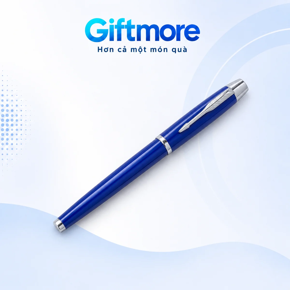 Bút ký dạ bi xanh viền bạc có cài hình lá trên nền GiftMore
