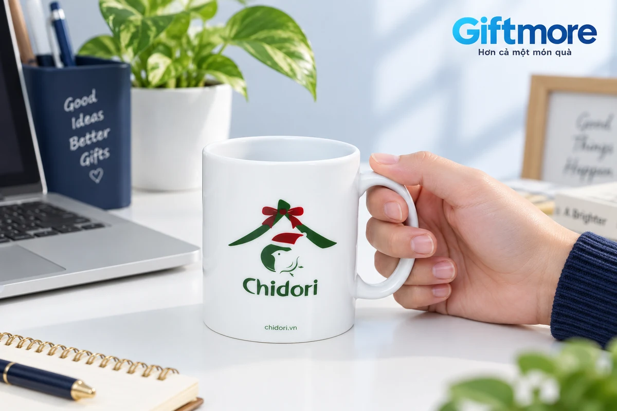 Tay cầm quai chữ C của ly trắng có biểu tượng Chidori theo mẫu thật