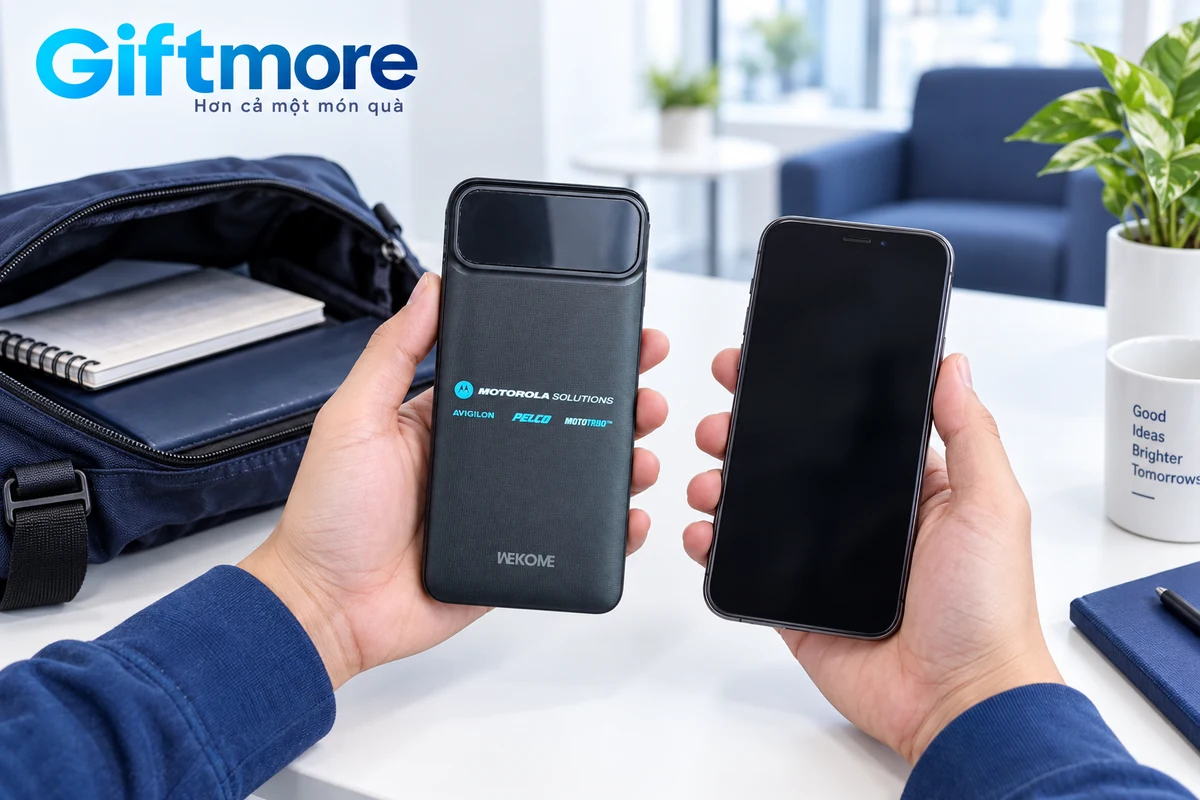 Cảnh dựng cầm Wekome đen in Motorola cạnh điện thoại và túi công tác