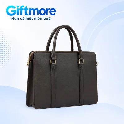 Cặp T04 màu sẫm hai quai với khóa chữ nhật và dải may dọc trên nền GiftMore