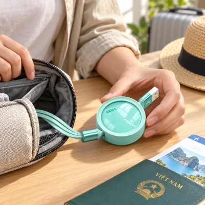 Mô phỏng cất cuộn cáp PISEN EIRA vào túi phụ kiện