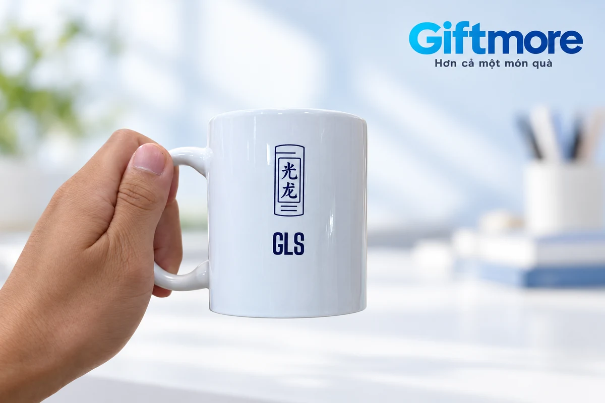 Cận cảnh chữ và biểu tượng GLS trên ly sứ trắng
