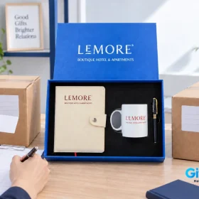 Bộ quà LEMORÉ gồm sổ, ly và bút giữa hai kiện có nhãn trống
