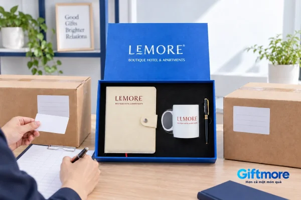 Bộ quà LEMORÉ gồm sổ, ly và bút giữa hai kiện có nhãn trống