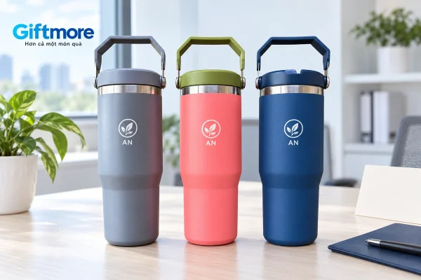 Ba bình quai gập màu xám, san hô và navy với logo demo AN