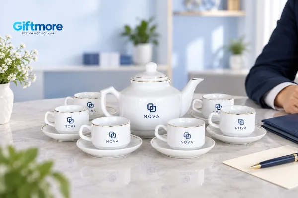 Bộ trà trắng dáng vuông thấp có logo demo NOVA trên bàn chọn mẫu