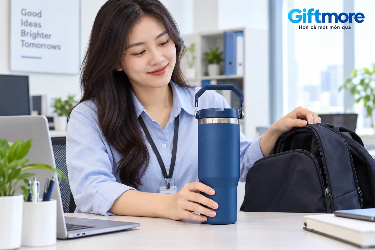 Người đặt bình xanh có quai cạnh ba lô mở tại bàn